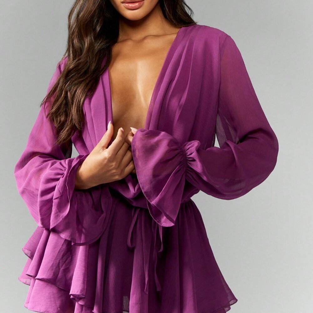 Purple Sexy Women's Long Sleeve Mini Chiffon Plunging Neckline Dress - Picture 5 of 5